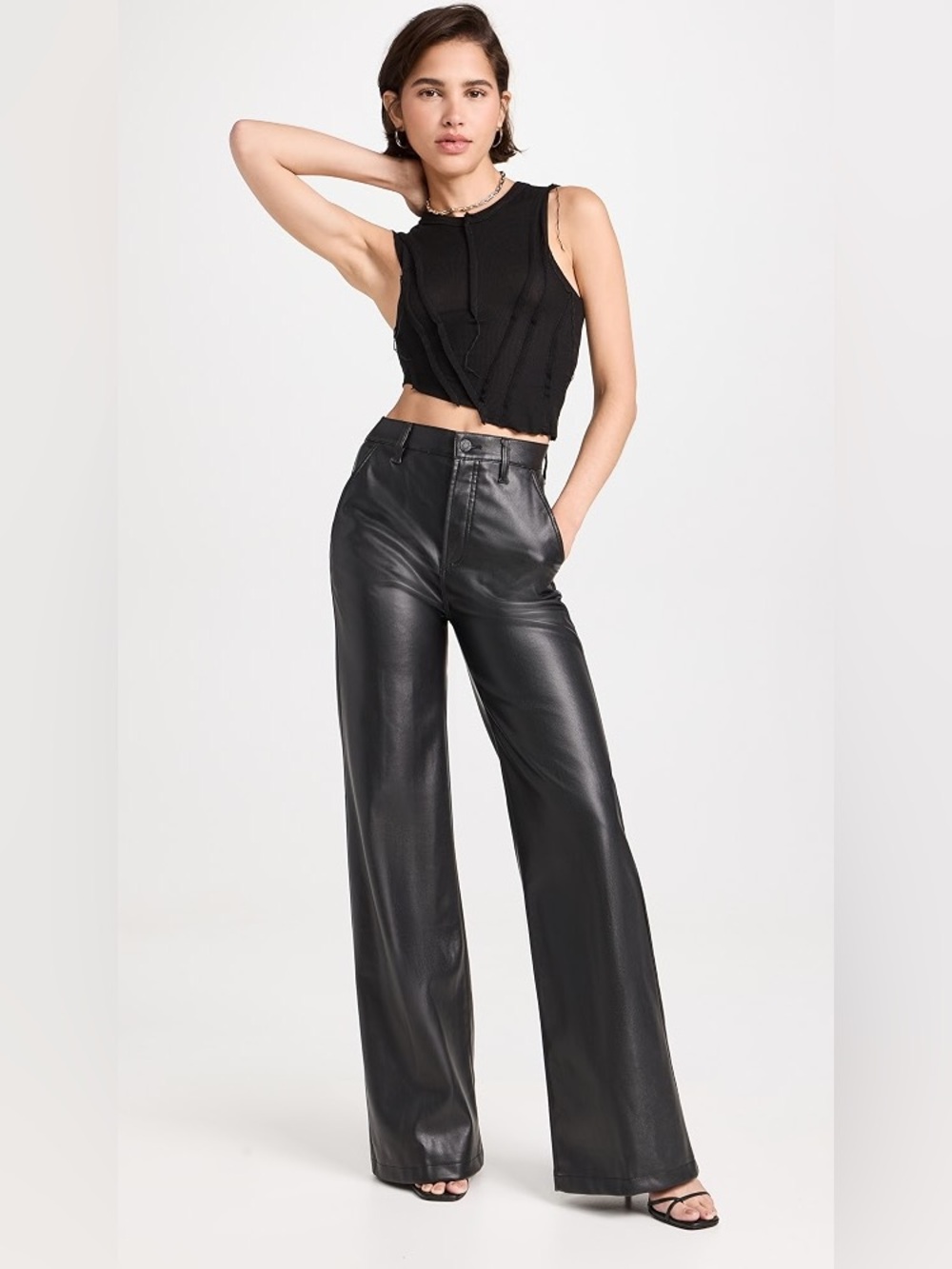 Pistola Denim Lana High Rise Ultra Wide Leg Trousers Black Faux Leather